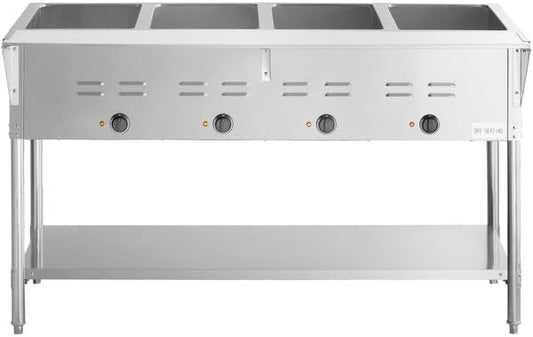 STE-4SA Four Pan Electric Steam Table, 120V 2000W, Stainless Steel, 57x30x34 Inches, Open Well with Undershelf, Commercial Food Warmer