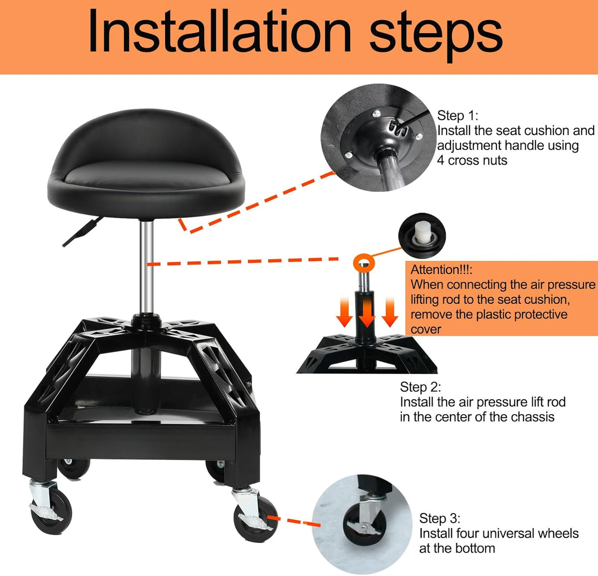 Garage Shop Rolling Seat, Heavy Duty Adjustable Rolling Mechanic Stool with Lockable 360° Wheels, 350 Lbs Capacity, Work Stool with Tool Tray for Garage & Workshop