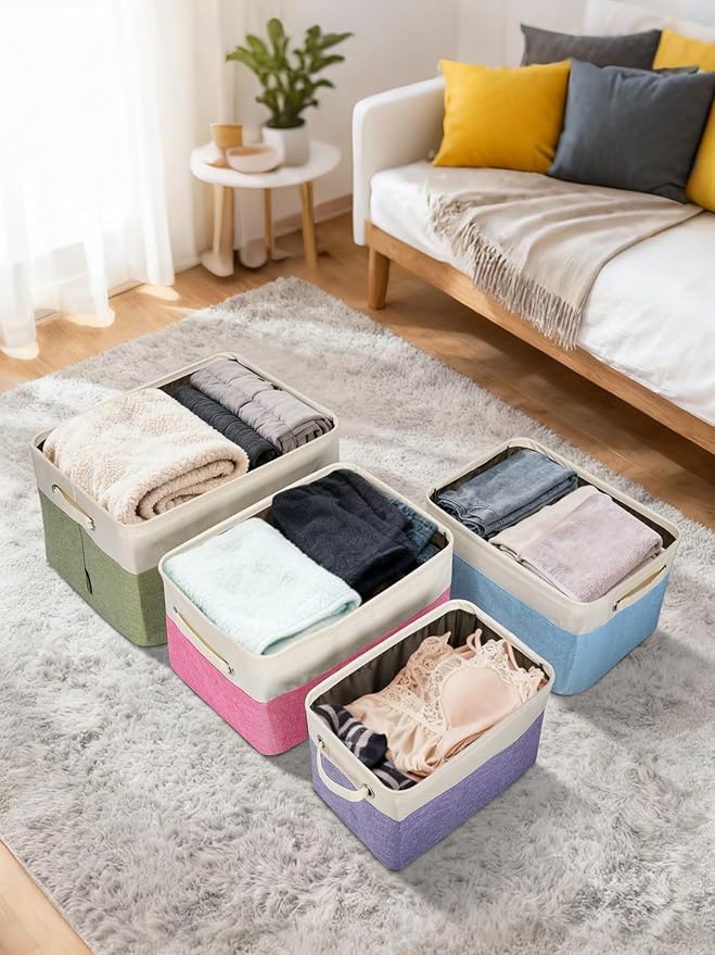BALEINE 4 Pack Fabric Closet Storage Bins for Shelves, Linen Closet Organizers and Storage, Decorative Baskets for Organizing, Shelf, Clothes, Home, Office (Pink, 17''x13''x10.5'')