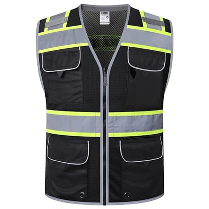 JKSafety Hi-Vis Unisex Surveyor Safety Vest Heavy Duty PPE Inner Pockets ANSI/ISEA Compliant - color: Jk189-black, size: X-Large