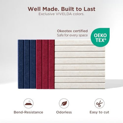 VIVELDA Large Felt Bulletin Board 48 x 36 Inch - 12-Pack Square Acoustic Wall Panels, Cork Board Alternative, NRC 0.95, Damage-Free Adhesive, Slatted Design for Home, Classroom (Black)