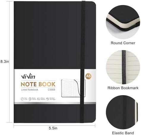 ViVin 6 Pack A5 Hardcover Lined Notebook,192 pg College Ruled 5.5x8.3