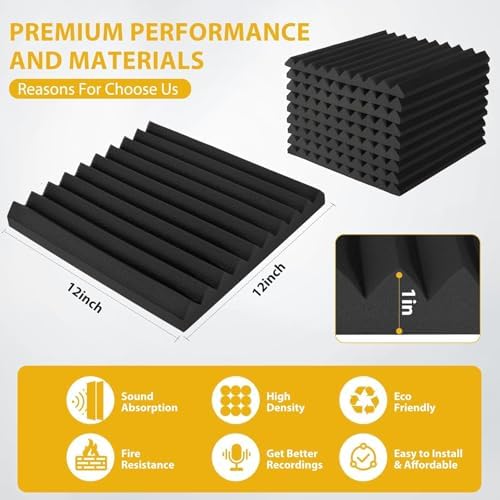 98 Pack Acoustic Foam Panels, 1" x 12"x 12" Sound Proof Foam Panels For Wall Fire Resistant, Noise Cancelling Dampening Sound Absorbing Black Wedge Panels For Studio Recording & Office & Home