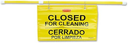 Rubbermaid Commercial Products Heavy Duty Extend-to-Fit, Multilingual "Closed For Cleaning" Hanging Doorway Safety Sign, Yellow, for Office/Restroom/Restaurant/School/Hospital/Hotel