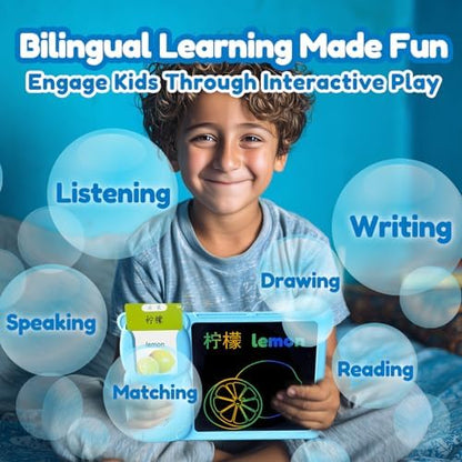 Writing Tablet with Bilingual Flash Cards for Kids, Chinese Blue
