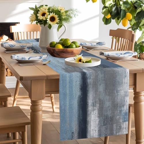 Blue Grey Graffiti Table Runner Dresser Scarf 13 x 36 Inch Abstract Oil Paint Art Mottled Texture Modern Table Runners Non-Slip Heat Resistant Kitchen Dining Table Decor for Home Indoor Outdoor