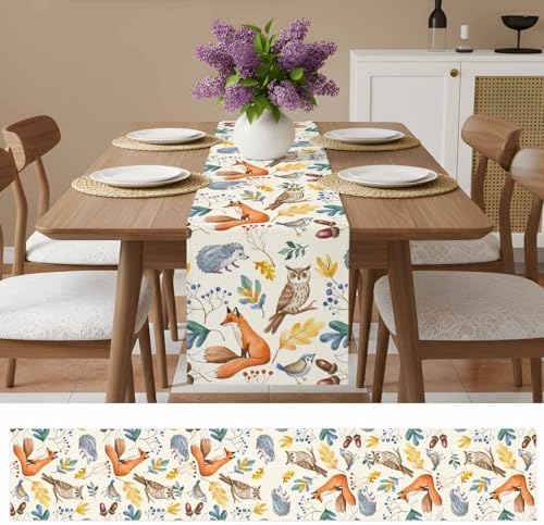 Fall Table Runner Autumn Animal Table Runners Harvest Thanksgiving Owl Bird Fox Leaves Cotton Linen Dresser Scarf Kitchen Dining Table Decor for Autumn Holiday Party Coffee 13x90 Inch