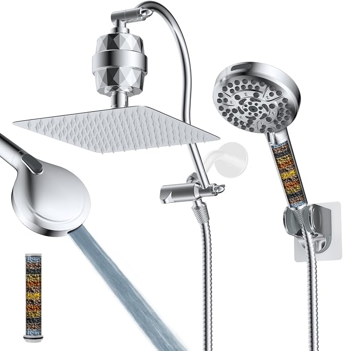 Hibbent All Metal 10'' Dual Filtered Rainfall Shower Head Combo, High Pressure Handheld Shower Head with 12'' Adjustable Curved Extension Arm, 20 Stage Shower Filter, 10-spray, 71'' Hose, Chrome