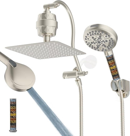 Hibbent All Metal 10'' Filtered Rainfall Shower Head Combo, High Pressure Handheld Shower Head with 12'' Adjustable Curved Extension Arm, 20 Stage Shower Filter, 10-spray, 71'' Hose, Brushed Nickel