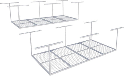 FLEXIMOUNTS 4x8 Overhead Garage Storage Rack, Adjustable Organization System, Heavy-Duty Metal Ceiling Racks, 2 pack, White