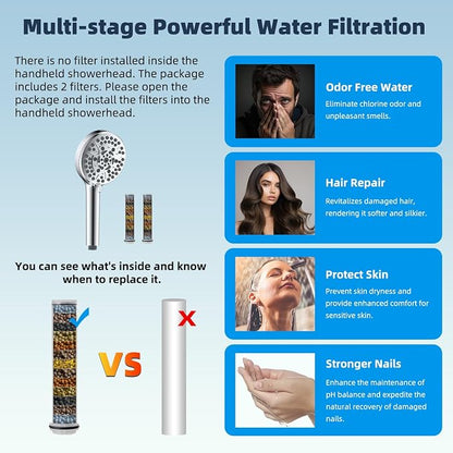 Hibbent All Metal 10'' Dual Filtered Rainfall Shower Head Combo, High Pressure Handheld Shower Head with 12'' Adjustable Curved Extension Arm, 20 Stage Shower Filter, 10-spray, 71'' Hose, Chrome
