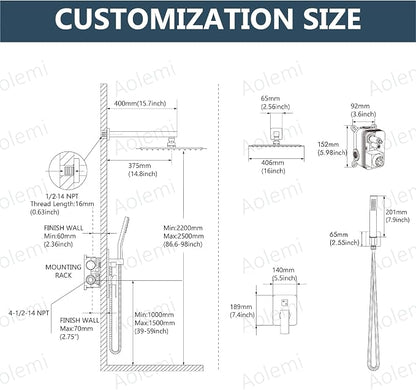 Aolemi Shower Faucet Set Rain Shower System with Handheld Spray Bathroom Shower Combo Rough-in Valve and Shower Trim Kit Included Polish Chrome 16 Inch Wall Mount Shower Head