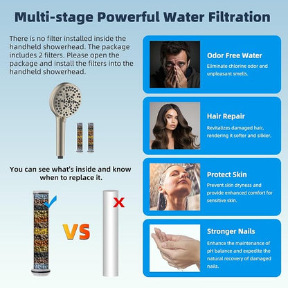 Hibbent All Metal 10'' Filtered Rainfall Shower Head Combo, High Pressure Handheld Shower Head with 12'' Adjustable Curved Extension Arm, 20 Stage Shower Filter, 10-spray, 71'' Hose, Brushed Nickel
