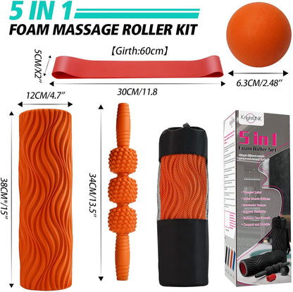 5-in-1 Foam Roller Set, Massage Roller Stick, Massage Ball, Resistance Band for Deep Muscle Massage, Trigger Point Release, Pilates, Yoga (Orange-Wave)