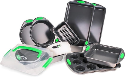 BergHOFF 11Pc Perfect Slice Bakeware Set, Covered Rectangle Cake Pan, Cookie Sheets, Muffin Pan, Loaf Pan, Round, Square and Rectangle Cake Pans, Slicer, Non Toxic, PFOA Free, Silver & Green