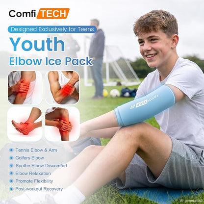 ComfiTECH Youth Elbow Ice Pack Wrap, Tennis Cold Sleeve, Large | Custom fit for teen elbows delivers 360° cold relief to ease daily sports soreness and joint fatigue