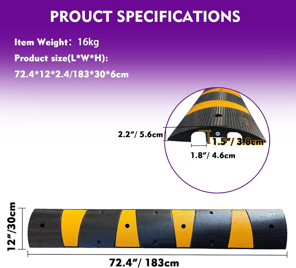 Rubber Speed Bump 6 Feet Rubber Driveway Modular Heavy Duty Speed 72.4 x 12 x 2.4 Inch Cable Protector Ramp for Garage Gravel Roads Asphalt Concrete, 6Ft-Speed Bump (2 Pack 6ft Speed Hump)