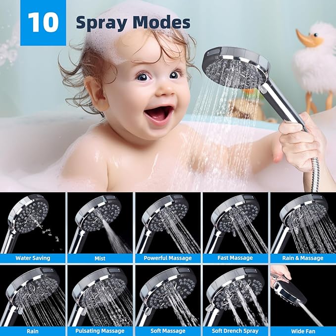 Hibbent All Metal 10'' Dual Filtered Rainfall Shower Head Combo, High Pressure Handheld Shower Head with 12'' Adjustable Curved Extension Arm, 20 Stage Shower Filter, 10-spray, 71'' Hose, Chrome