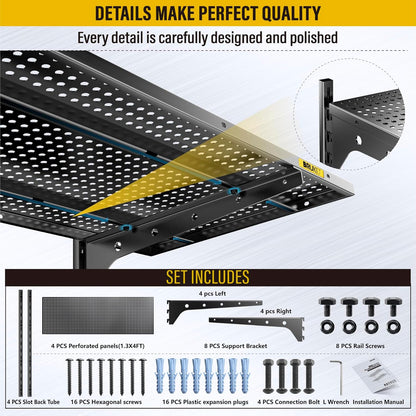 2-Pack 2 Tier 1.3x4ft Garage Shelving Wall Mounted, 800 lbs Load Capacity，15.6x48inch per Shelf Height Cassette Adjustable Floating Shelves(Black)