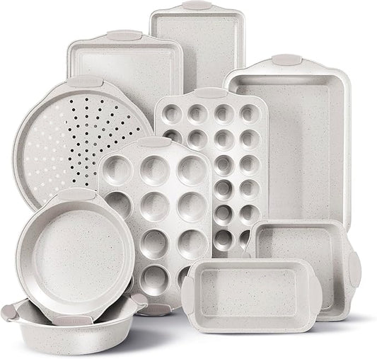 Country Kitchen Nonstick Stackable Bakeware Set - Heavy Duty, Durable, Easy Release Baking Set, Cream, 10 Pcs