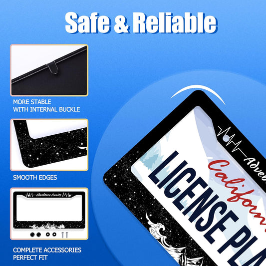 Advebture Awaits License Plate Frame Mountain Waves Forest License Plate Stainless Steel Rust-Proof Metal Funny License Plate Holder Car Accessory With Screws Car Decoration 12.3" x 6.3" For Men Women